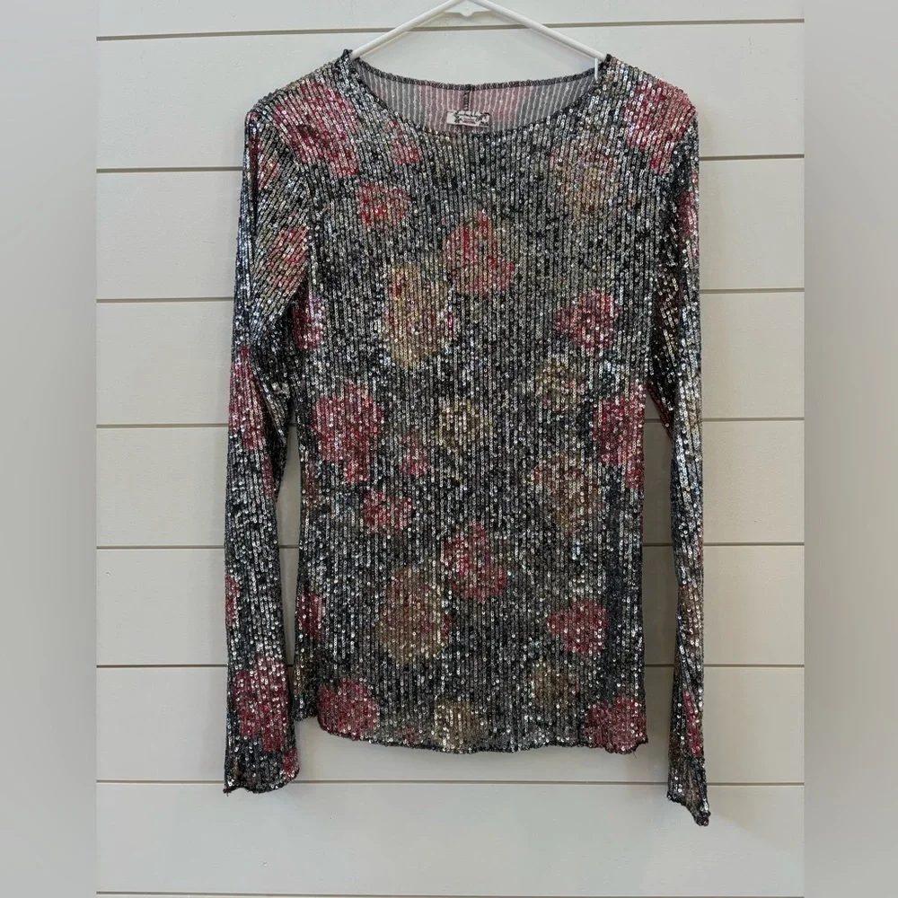 Free People Black Sequin Long-Sleeve Top with Pink & Gold Floral